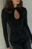 Sexy Solid Hollowed Out Half A Turtleneck Skinny Bodysuits