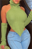 Sexy Solid See-through Asymmetrical Halter Tops (With Sleeves)