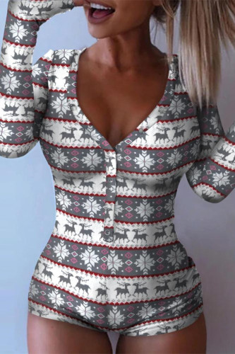 Casual Living Print Patchwork V Neck Skinny Rompers