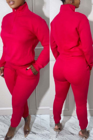 Casual Solid Patchwork Zipper Collar Long Sleeve Two Pieces