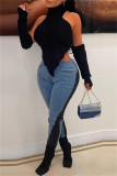 Sexy Solid See-through Asymmetrical Halter Tops (With Sleeves)