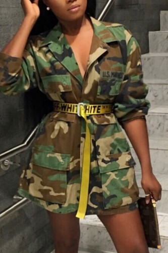 Casual Camouflage Print Patchwork Turndown Collar Plus Size Overcoat