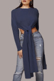 Casual Solid Slit O Neck Tops (Without Belt)