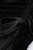 Casual Solid Draw String Frenulum Fold Turtleneck Long Sleeve Dresses
