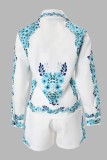 Casual Print Patchwork Turndown Collar Long Sleeve Two Pieces