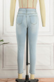 Casual Solid Ripped Patchwork Metal Accessories Decoration High Waist Skinny Denim Jeans