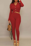Casual Solid Patchwork Buckle V Neck Long Sleeve Two Pieces
