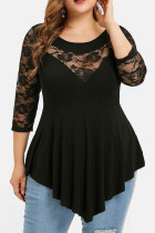 Casual Solid Patchwork See-through Asymmetrical O Neck Tops