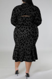 Sexy Casual Print Leopard Hollowed Out Turtleneck Plus Size Two Pieces