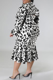 Sexy Casual Print Leopard Hollowed Out Turtleneck Plus Size Two Pieces