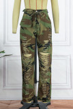 Casual Street Camouflage Print Ripped Patchwork Straight High Waist Full Print Bottoms
