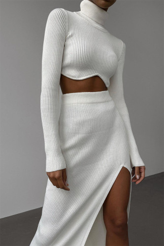 Casual Solid Patchwork Slit Asymmetrical Turtleneck Long Sleeve Two Pieces