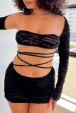 Sexy Solid See-through Backless Strapless Long Sleeve Two Pieces