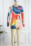 Sexy Patchwork Tie-dye O Neck Long Sleeve Two Pieces