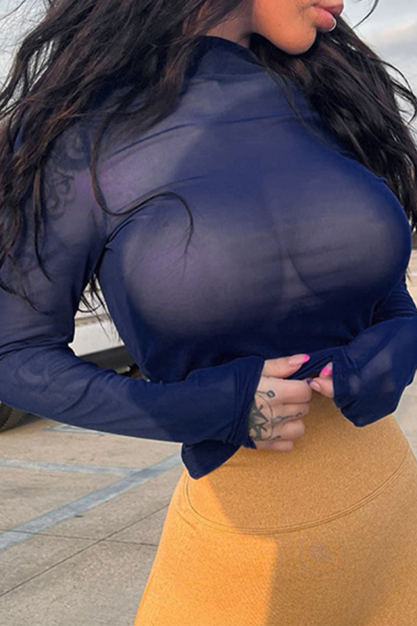 Sexy Solid Mesh Half A Turtleneck Tops