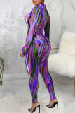 Sexy Print Bandage Patchwork Buckle Turndown Collar Long Sleeve Two Pieces