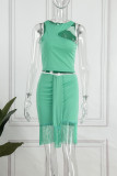 Sexy Solid Tassel O Neck Sleeveless Two Pieces