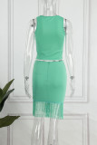 Sexy Solid Tassel O Neck Sleeveless Two Pieces
