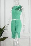 Sexy Solid Tassel O Neck Sleeveless Two Pieces