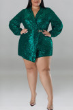 Street Solid Sequins Patchwork Turn-back Collar Plus Size Jumpsuits