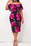 Sexy Print Patchwork Flounce Off the Shoulder Straight Dresses