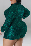 Street Solid Sequins Patchwork Turn-back Collar Plus Size Jumpsuits
