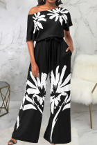 Casual Print Patchwork Oblique Collar Straight Jumpsuits
