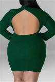 Casual Solid Backless Turtleneck Long Sleeve Plus Size Dresses