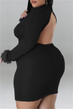 Casual Solid Backless Turtleneck Long Sleeve Plus Size Dresses