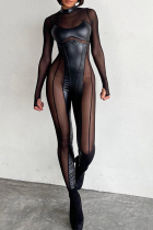 Sexy Solid Mesh Half A Turtleneck Skinny Jumpsuits