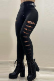 Casual Solid Ripped Patchwork Skinny High Waist Pencil Solid Color Bottoms