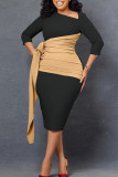 Elegant Print Bandage Patchwork Fold Asymmetrical Collar One Step Skirt Dresses