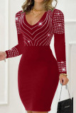 Casual Solid Patchwork Hot Drill V Neck Long Sleeve Dresses