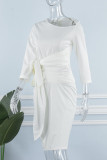 Elegant Solid Bandage Patchwork Fold Asymmetrical Collar Pencil Skirt Dresses