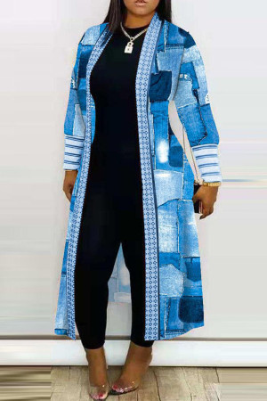 Casual Print Patchwork Cardigan Collar Outerwear
