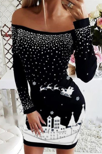 Casual Print Patchwork Off the Shoulder Long Sleeve Dresses