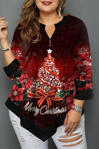 Casual Christmas Tree Printed Basic V Neck Plus Size Tops