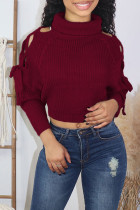 Casual Solid Bandage Hollowed Out Patchwork Turtleneck Tops