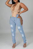 Casual Solid Ripped Hollowed Out Frenulum Mid Waist Skinny Denim Jeans