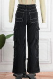 Casual Solid Patchwork High Waist Straight Denim Jeans