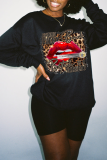 Daily Vintage Lips Printed Patchwork Letter O Neck Tops