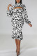 Sexy Print Patchwork Flounce Half A Turtleneck Long Sleeve Two Pieces