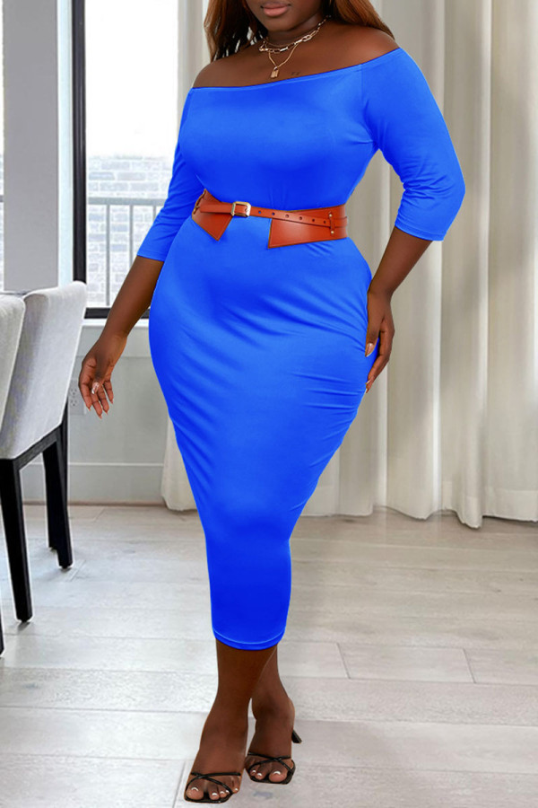 Casual Solid Patchwork Without Belt Off the Shoulder One Step Skirt Plus Size Dresses(Without Belt)