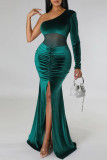 Elegant Solid Patchwork Fold Oblique Collar Trumpet Mermaid Dresses