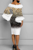Elegant Print Patchwork Feathers Off the Shoulder One Step Skirt Dresses