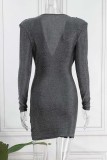 Sexy Solid Patchwork V Neck Long Sleeve Dresses