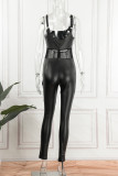 Sexy Solid Hollowed Out Patchwork See-through Backless Spaghetti Strap Skinny Jumpsuits