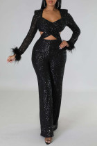 Sexy Solid Hollowed Out Sequins Patchwork Feathers V Neck Straight Jumpsuits