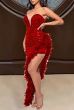 Sexy Formal Patchwork Sequins Feathers Backless Strapless Evening Dress Dresses