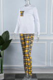 Casual Plaid Print Patchwork O Neck Long Sleeve Two Pieces